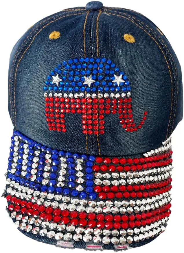 Unisex USA American Flag Baseball Cap Denim Distressed Rhinestone Hat for Adults