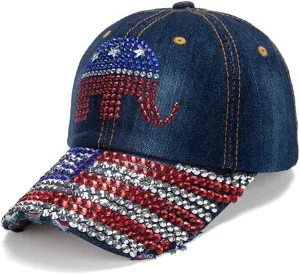 Unisex USA American Flag Baseball Cap Denim Distressed Rhinestone Hat for Adults