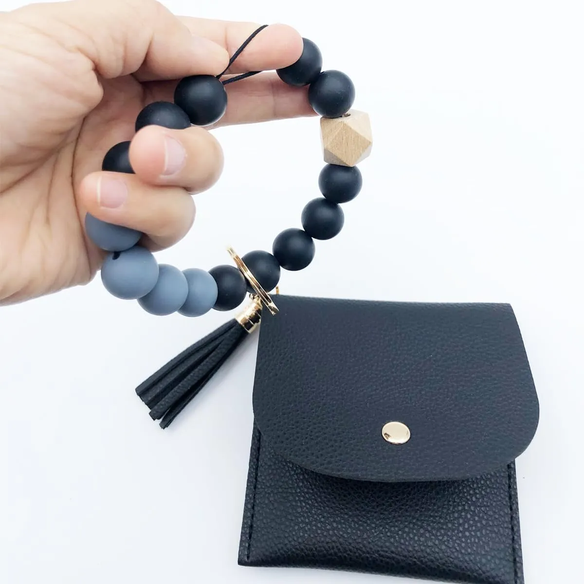 Unpafcxddyig Wristlet Bracelet Keychain with Wallet Card Holder Pocket Tassel Key Ring for Women,black