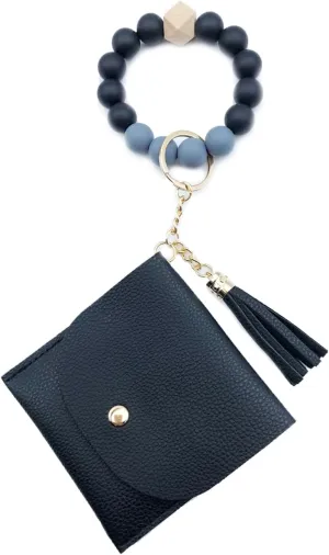 Unpafcxddyig Wristlet Bracelet Keychain with Wallet Card Holder Pocket Tassel Key Ring for Women,black