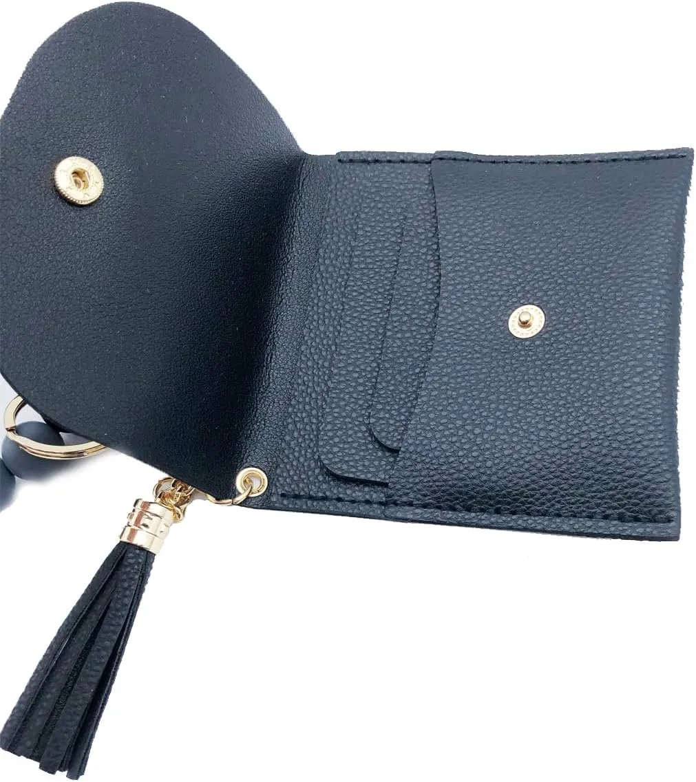 Unpafcxddyig Wristlet Bracelet Keychain with Wallet Card Holder Pocket Tassel Key Ring for Women,black