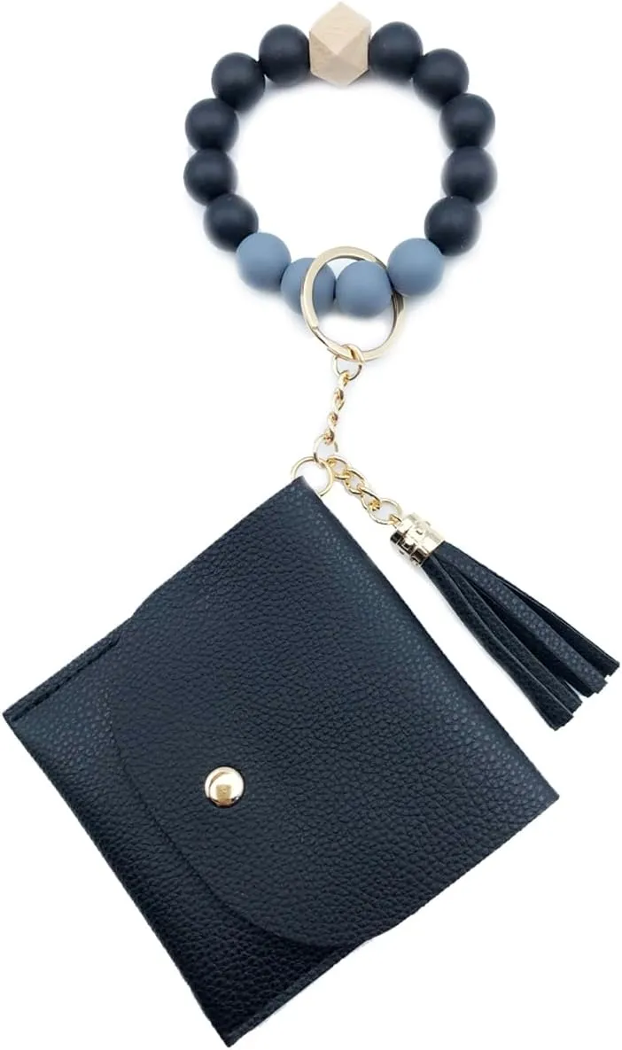 Unpafcxddyig Wristlet Bracelet Keychain with Wallet Card Holder Pocket Tassel Key Ring for Women,black