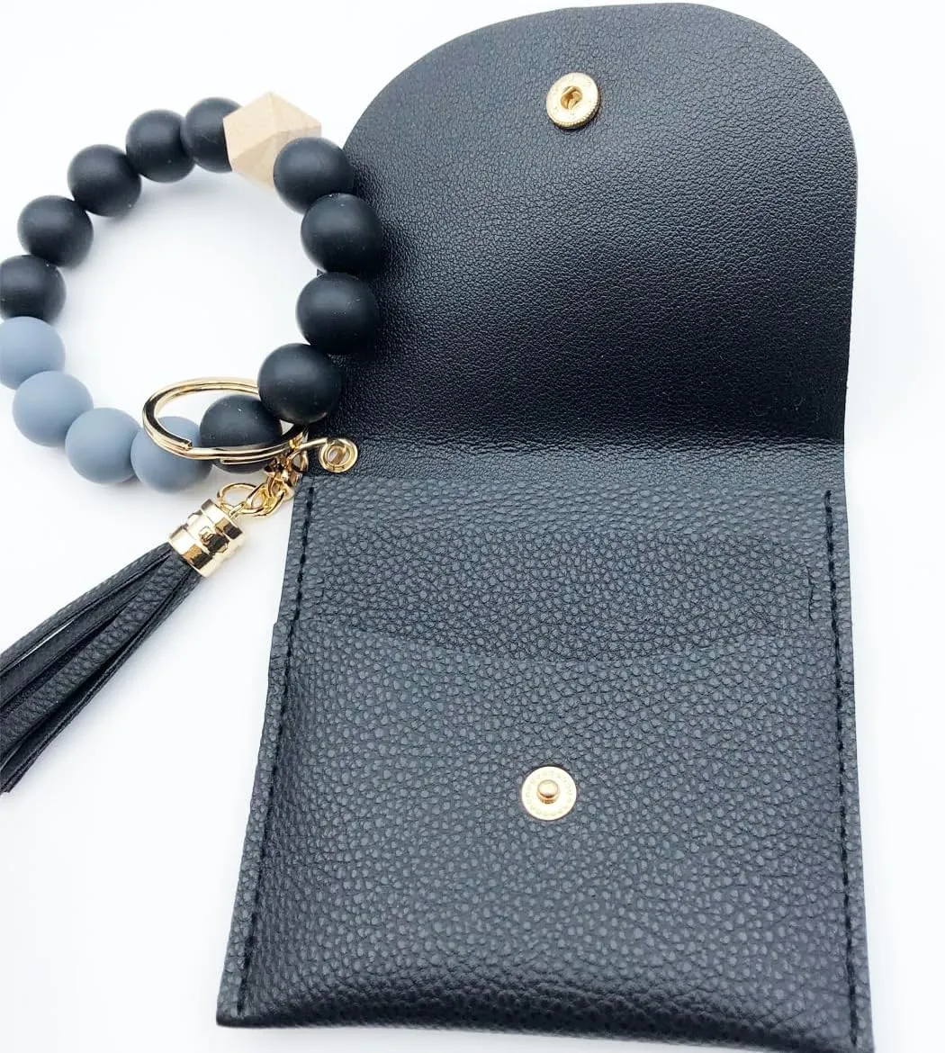 Unpafcxddyig Wristlet Bracelet Keychain with Wallet Card Holder Pocket Tassel Key Ring for Women,black