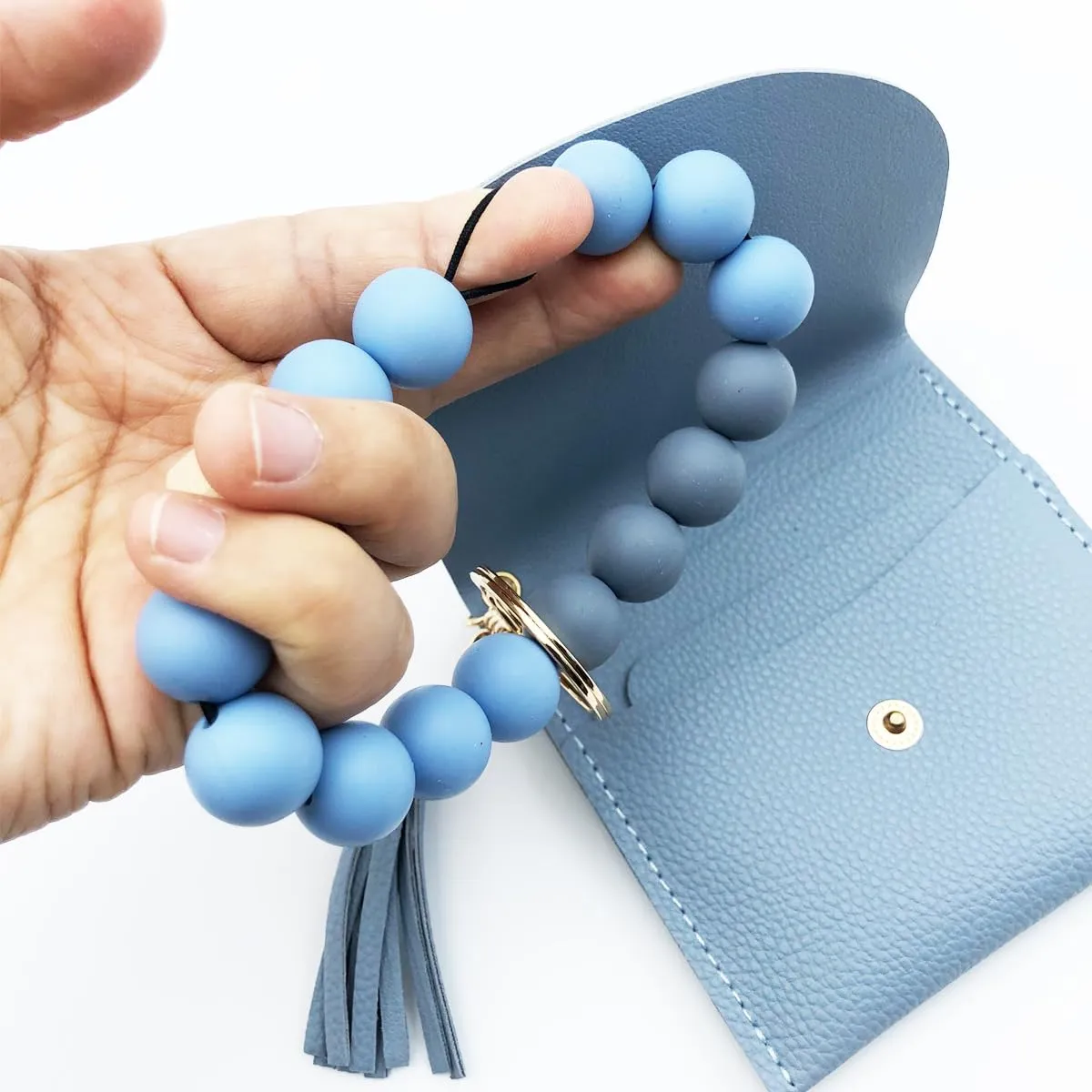 Unpafcxddyig Wristlet Bracelet Keychain with Wallet Card Holder Pocket Tassel Key Ring for Women,light blue