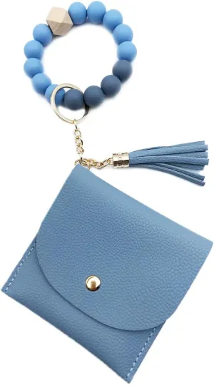 Unpafcxddyig Wristlet Bracelet Keychain with Wallet Card Holder Pocket Tassel Key Ring for Women,light blue