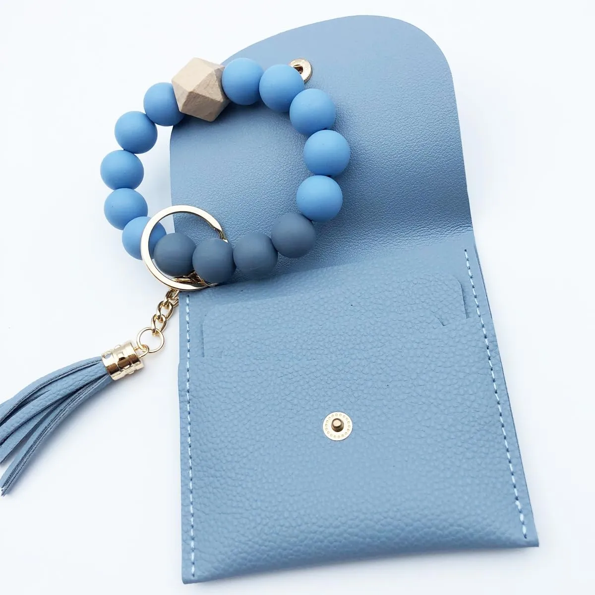 Unpafcxddyig Wristlet Bracelet Keychain with Wallet Card Holder Pocket Tassel Key Ring for Women,light blue