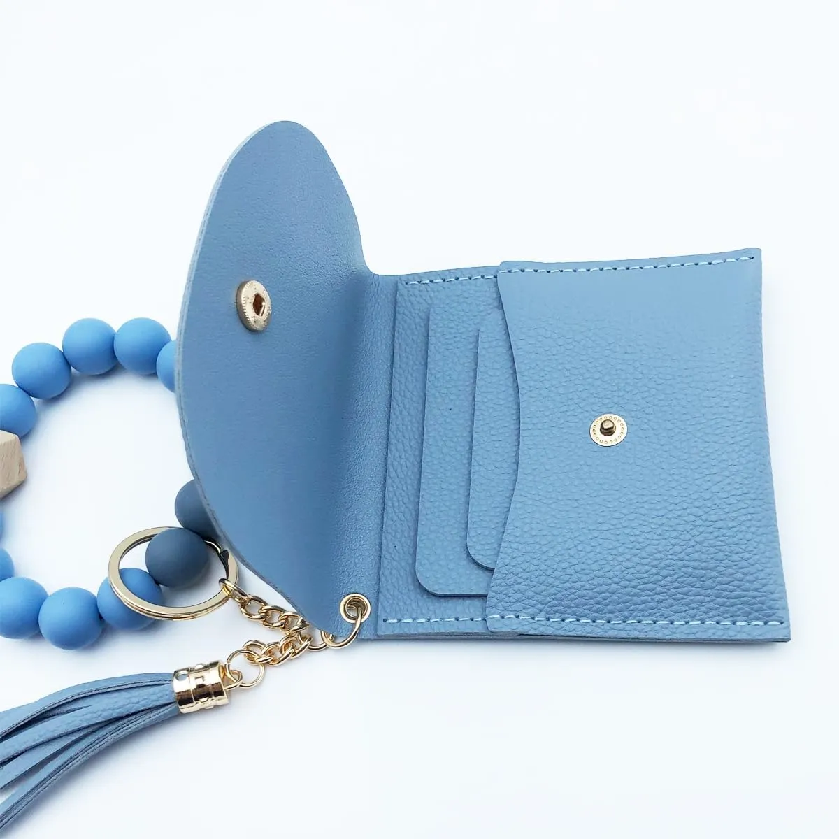 Unpafcxddyig Wristlet Bracelet Keychain with Wallet Card Holder Pocket Tassel Key Ring for Women,light blue