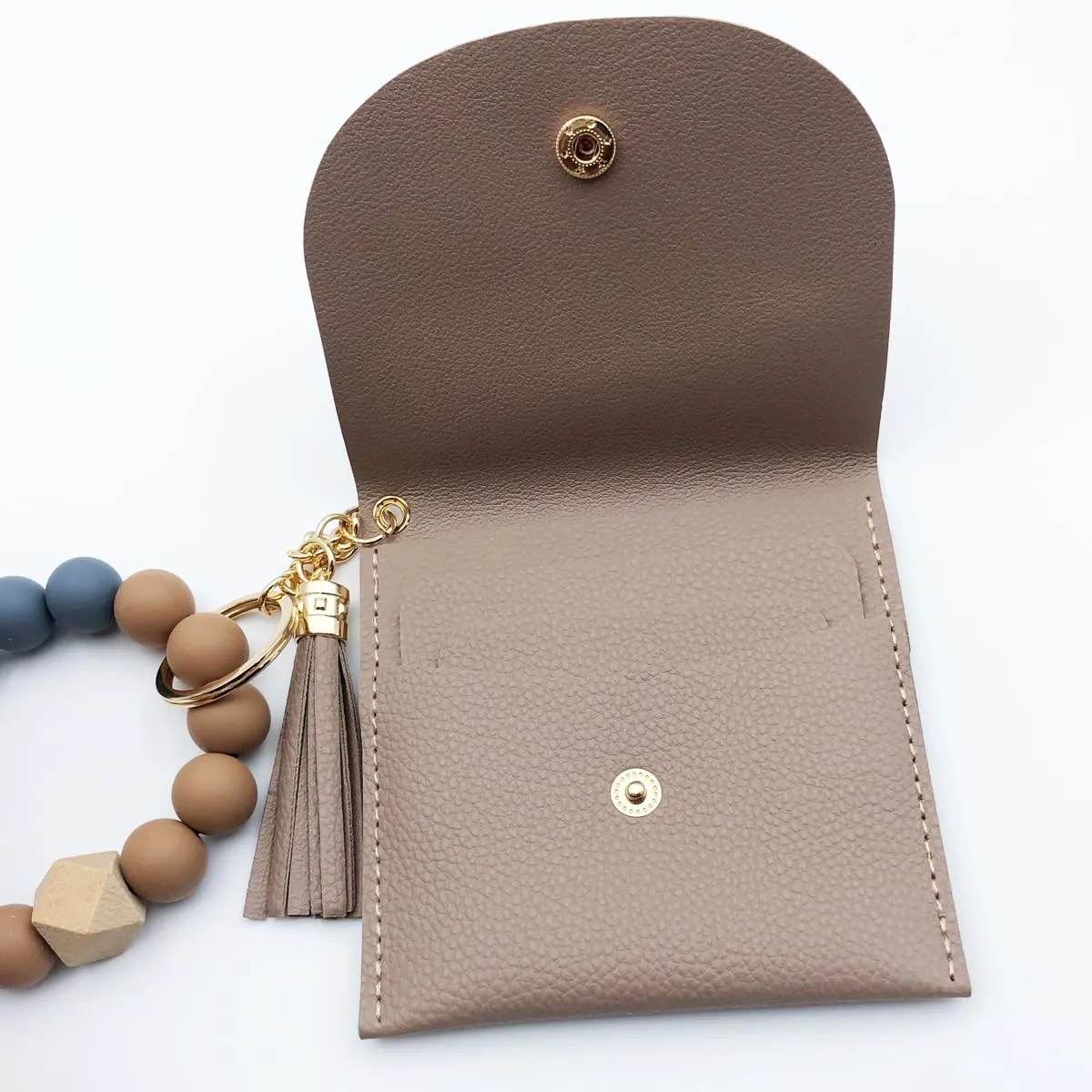 Unpafcxddyig Wristlet Bracelet Keychain with Wallet Card Holder Pocket Tassel Key Ring for Women,light brown