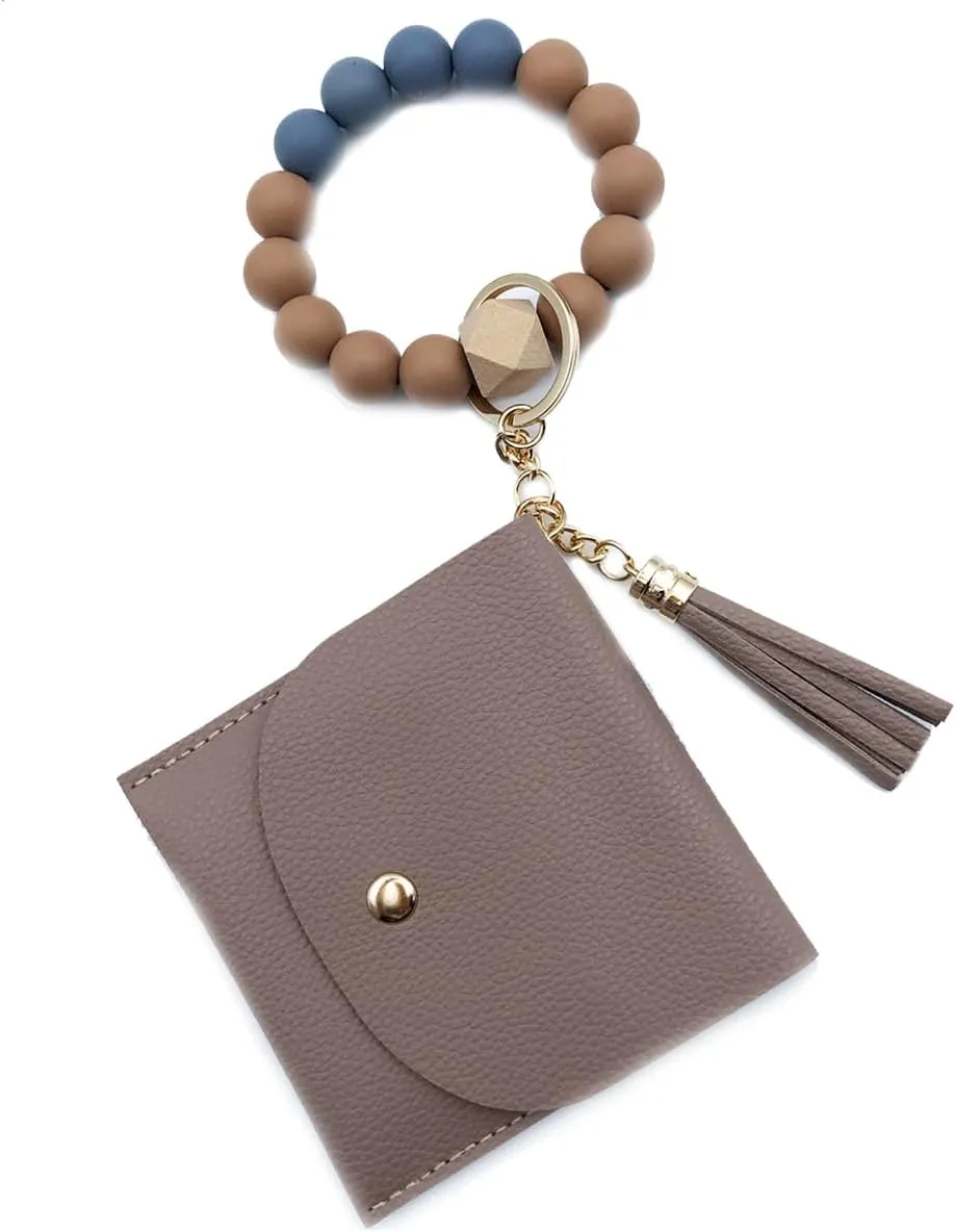 Unpafcxddyig Wristlet Bracelet Keychain with Wallet Card Holder Pocket Tassel Key Ring for Women,light brown