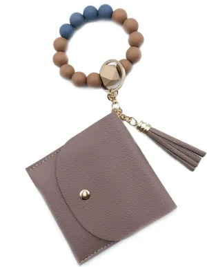 Unpafcxddyig Wristlet Bracelet Keychain with Wallet Card Holder Pocket Tassel Key Ring for Women,light brown