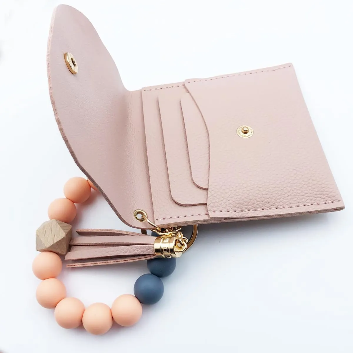 Unpafcxddyig Wristlet Bracelet Keychain with Wallet Card Holder Pocket Tassel Key Ring for Women,light pink