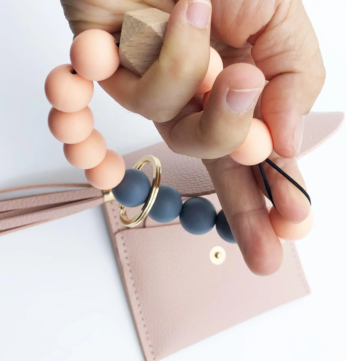 Unpafcxddyig Wristlet Bracelet Keychain with Wallet Card Holder Pocket Tassel Key Ring for Women,light pink