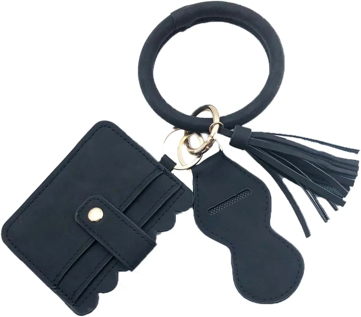 Unpafcxddyig Wristlet Bracelet Keychain with Wallet Card Lipstick Holder Pocket Tassel Key Ring for Women