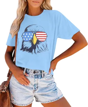 USA Shirts for Women 4th of July Shirt American Flag Eagle with Sunglasses Shirt Independence Day Tee