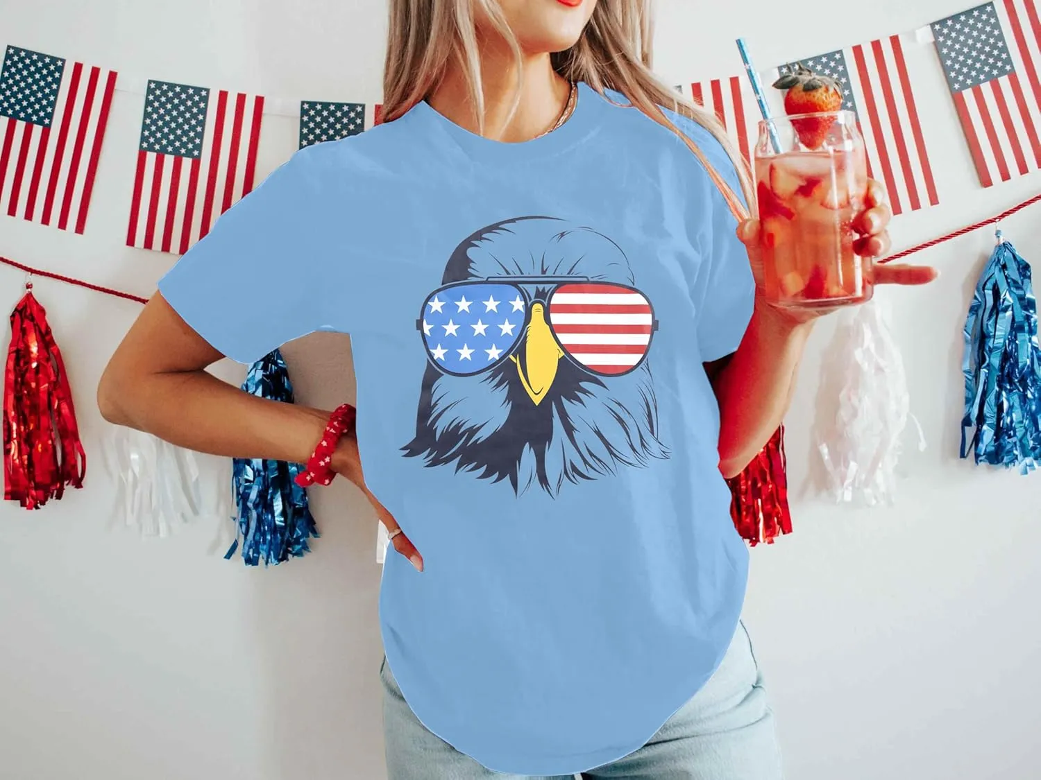 USA Shirts for Women 4th of July Shirt American Flag Eagle with Sunglasses Shirt Independence Day Tee