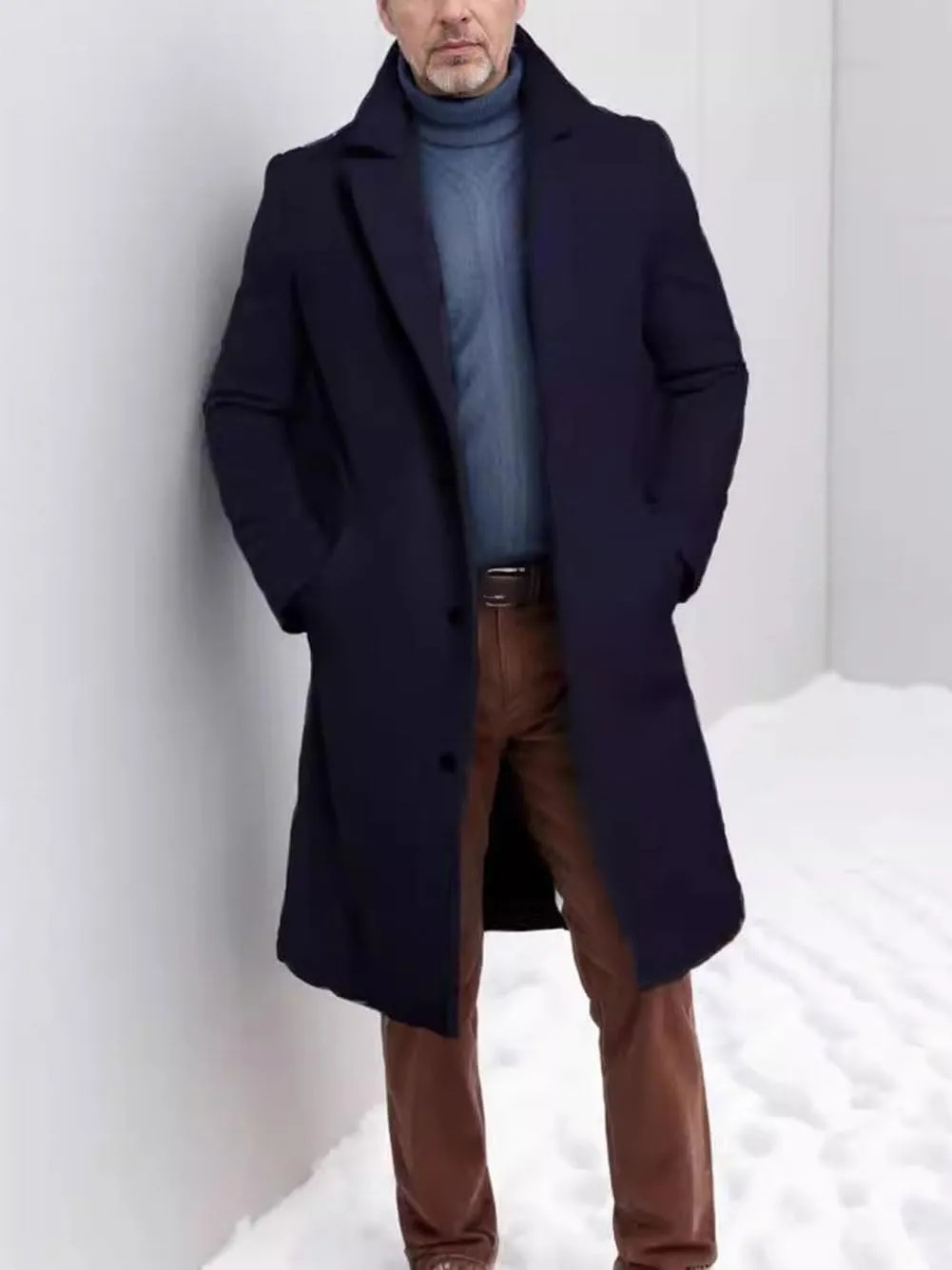 utcoco Men's Chunky Wool Blend Coat Notch Single Breasted Pea Coat Trench Overcoat