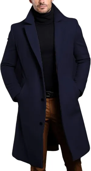 utcoco Men's Chunky Wool Blend Coat Notch Single Breasted Pea Coat Trench Overcoat