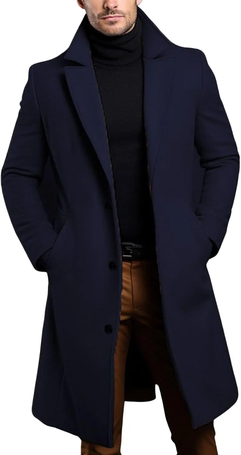 utcoco Men's Chunky Wool Blend Coat Notch Single Breasted Pea Coat Trench Overcoat