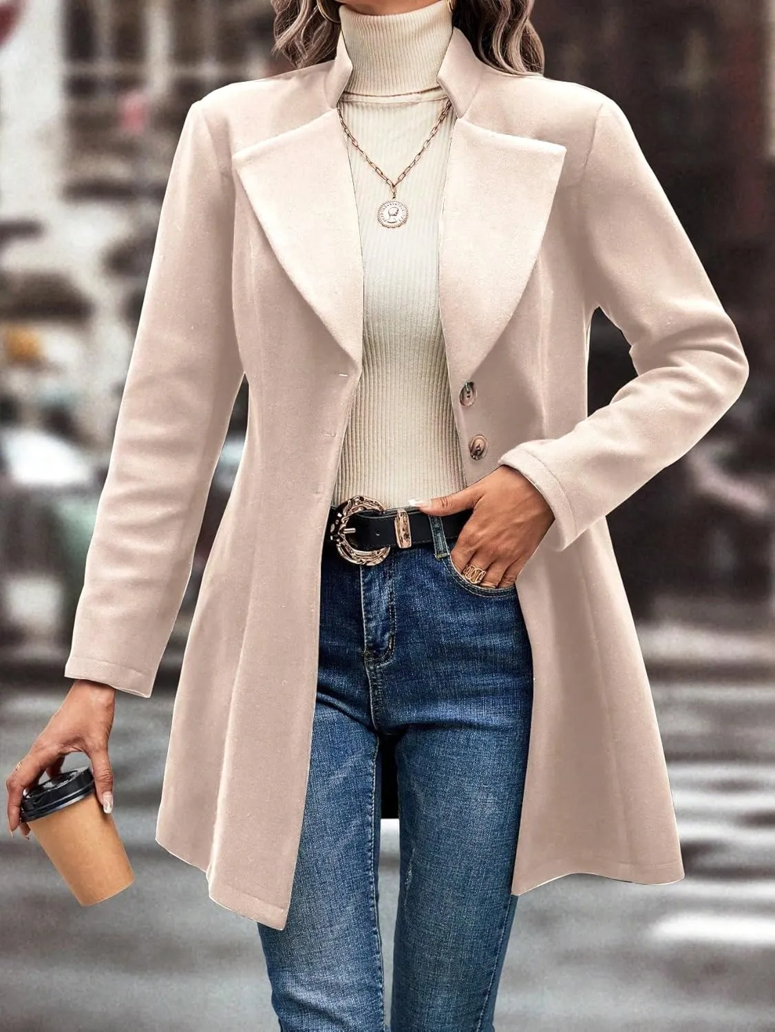 utcoco Women Slim Fit Wool Coats Notched Lapel Single Breasted Pea Coat Midi Length Trench Coat Outwear