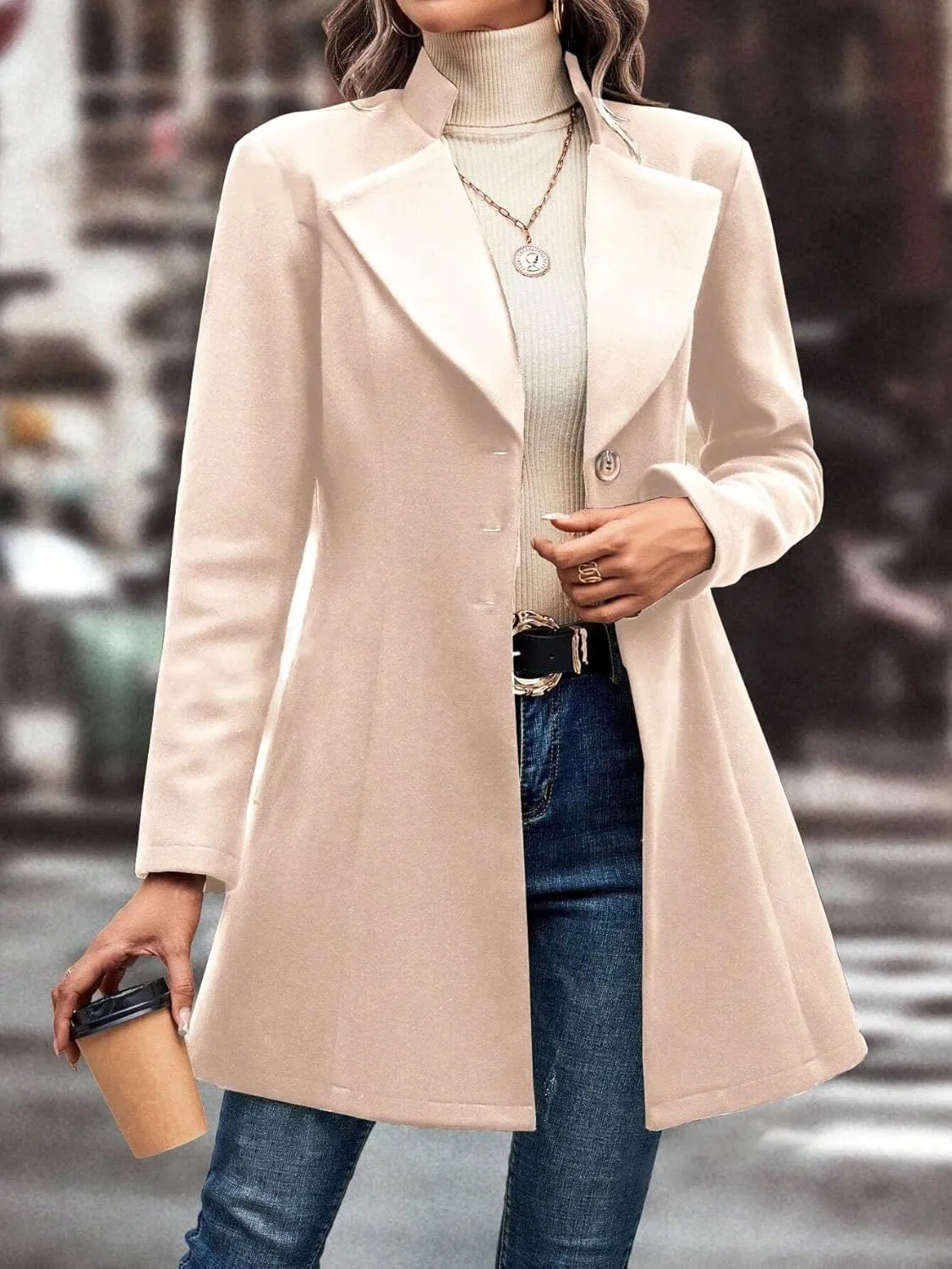 utcoco Women Slim Fit Wool Coats Notched Lapel Single Breasted Pea Coat Midi Length Trench Coat Outwear