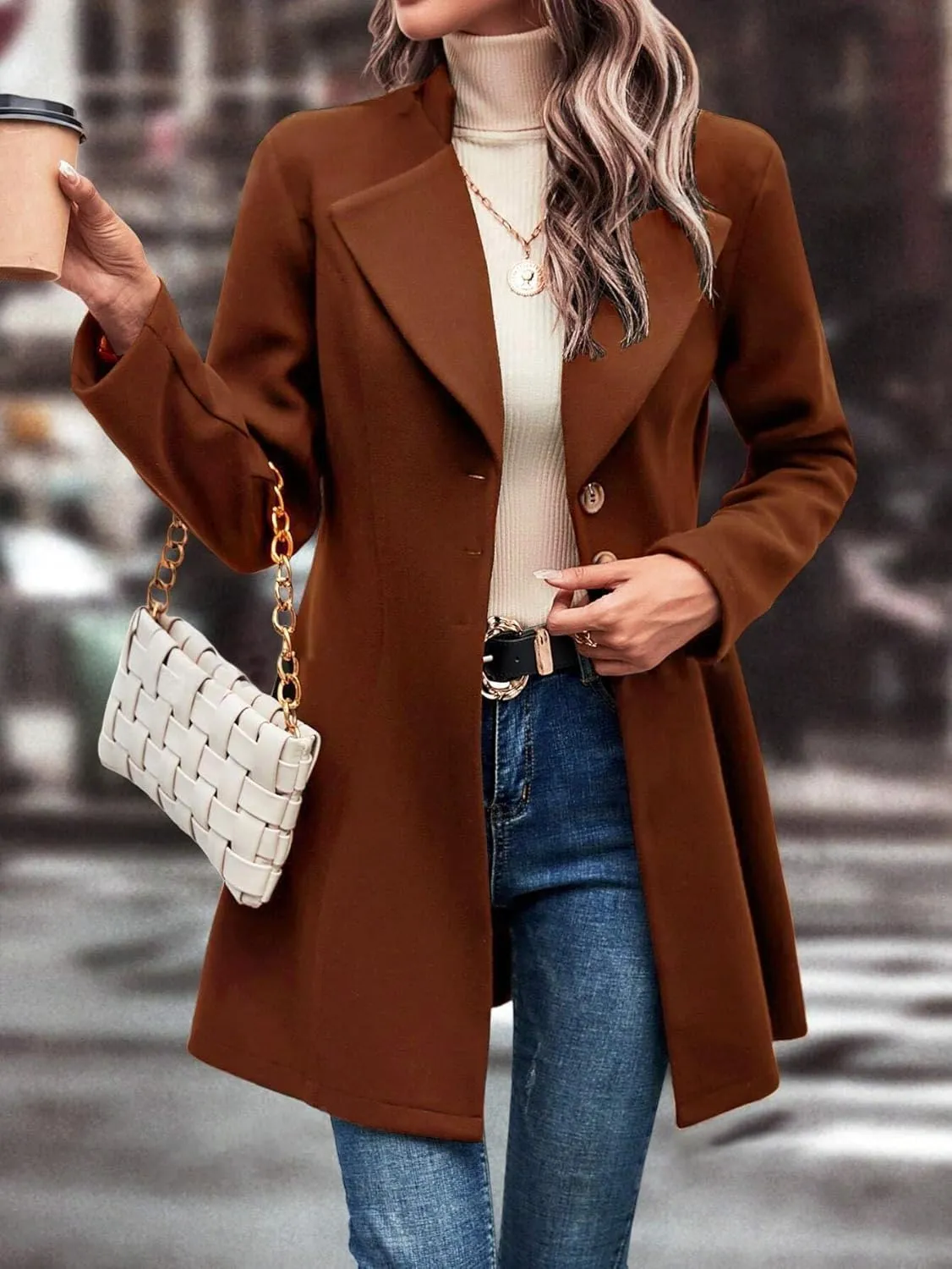 utcoco Women Slim Fit Wool Coats Notched Lapel Single Breasted Pea Coat Midi Length Trench Coat Outwear