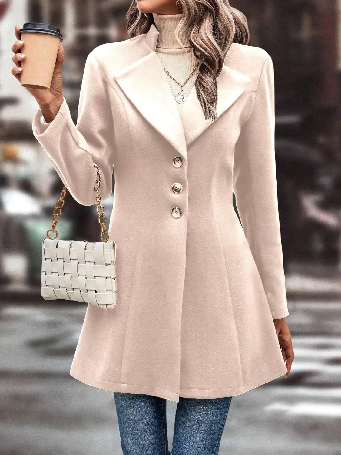 utcoco Women Slim Fit Wool Coats Notched Lapel Single Breasted Pea Coat Midi Length Trench Coat Outwear