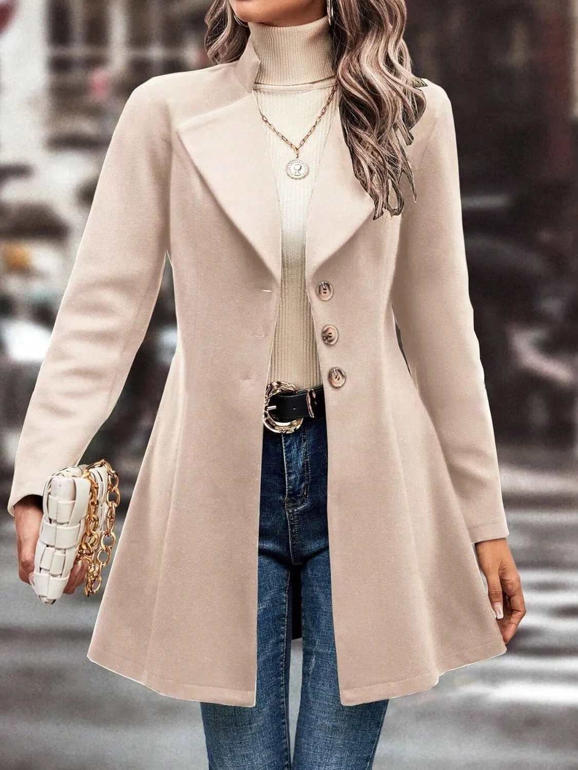 utcoco Women Slim Fit Wool Coats Notched Lapel Single Breasted Pea Coat Midi Length Trench Coat Outwear