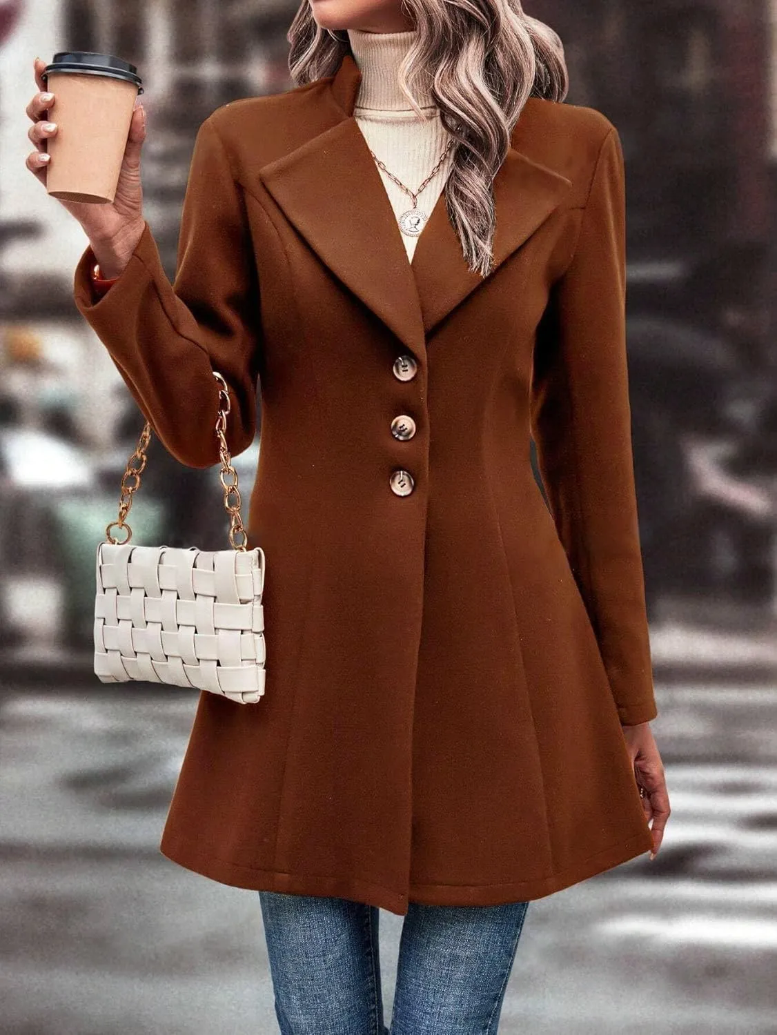 utcoco Women Slim Fit Wool Coats Notched Lapel Single Breasted Pea Coat Midi Length Trench Coat Outwear