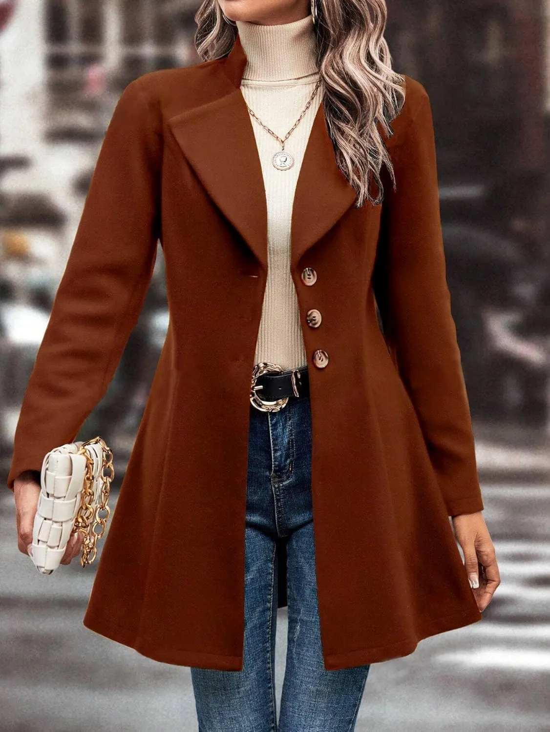utcoco Women Slim Fit Wool Coats Notched Lapel Single Breasted Pea Coat Midi Length Trench Coat Outwear