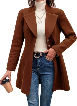 utcoco Women Slim Fit Wool Coats Notched Lapel Single Breasted Pea Coat Midi Length Trench Coat Outwear