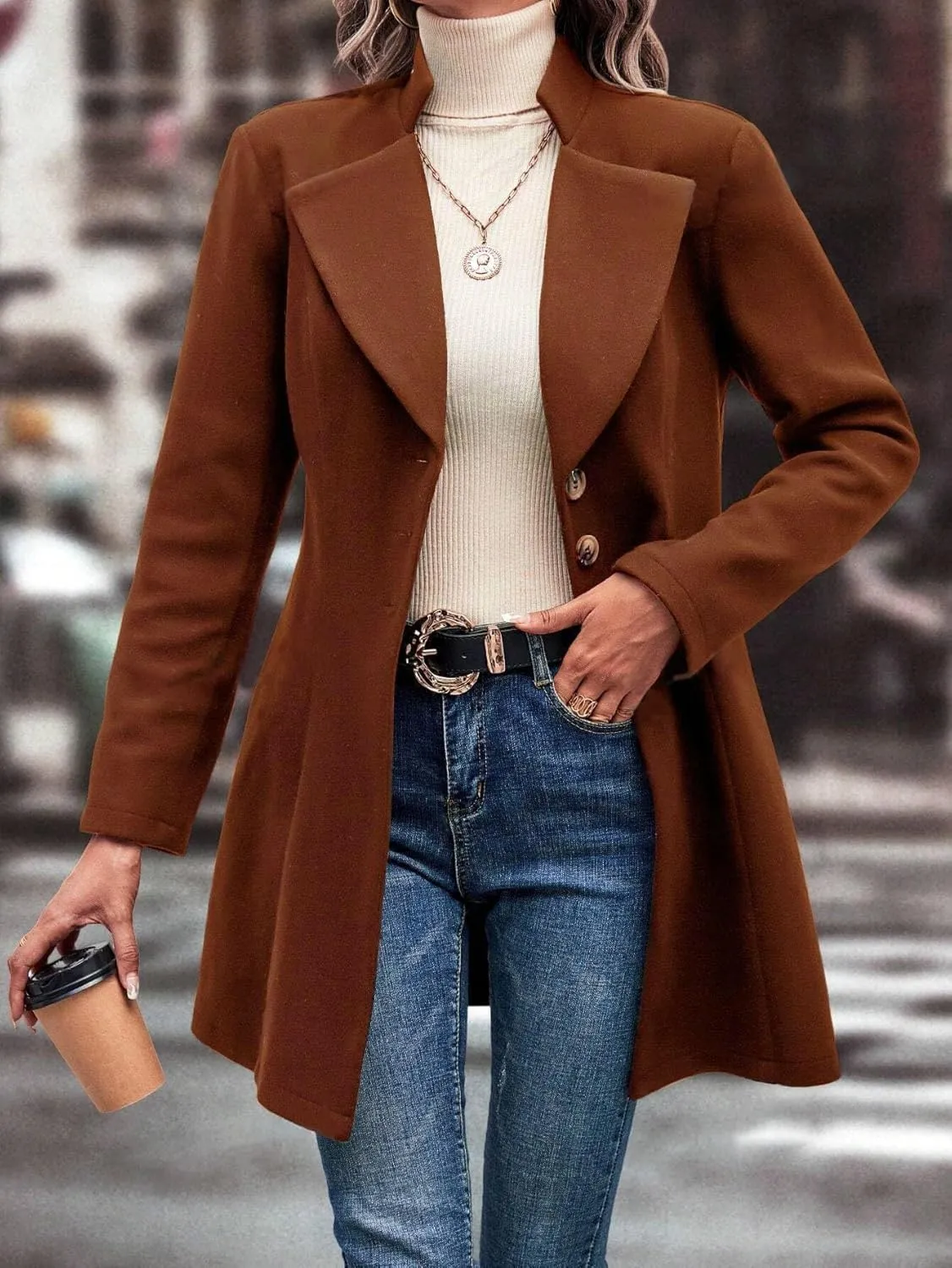 utcoco Women Slim Fit Wool Coats Notched Lapel Single Breasted Pea Coat Midi Length Trench Coat Outwear
