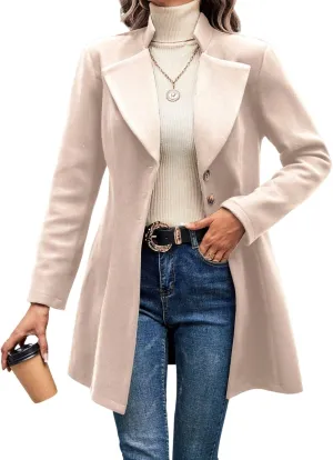 utcoco Women Slim Fit Wool Coats Notched Lapel Single Breasted Pea Coat Midi Length Trench Coat Outwear