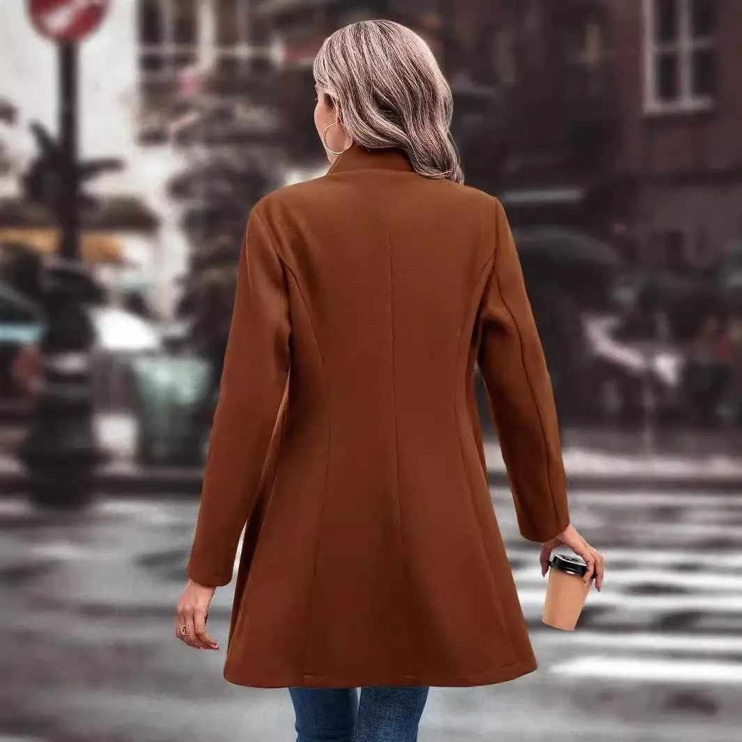 utcoco Women Slim Fit Wool Coats Notched Lapel Single Breasted Pea Coat Midi Length Trench Coat Outwear