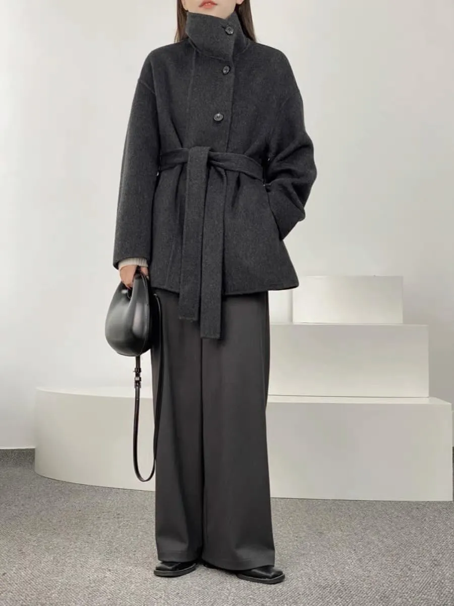 utcoco Women Wool Pea Coat Stand Collar Single Breasted Trench Overcoat Jackets with Belt