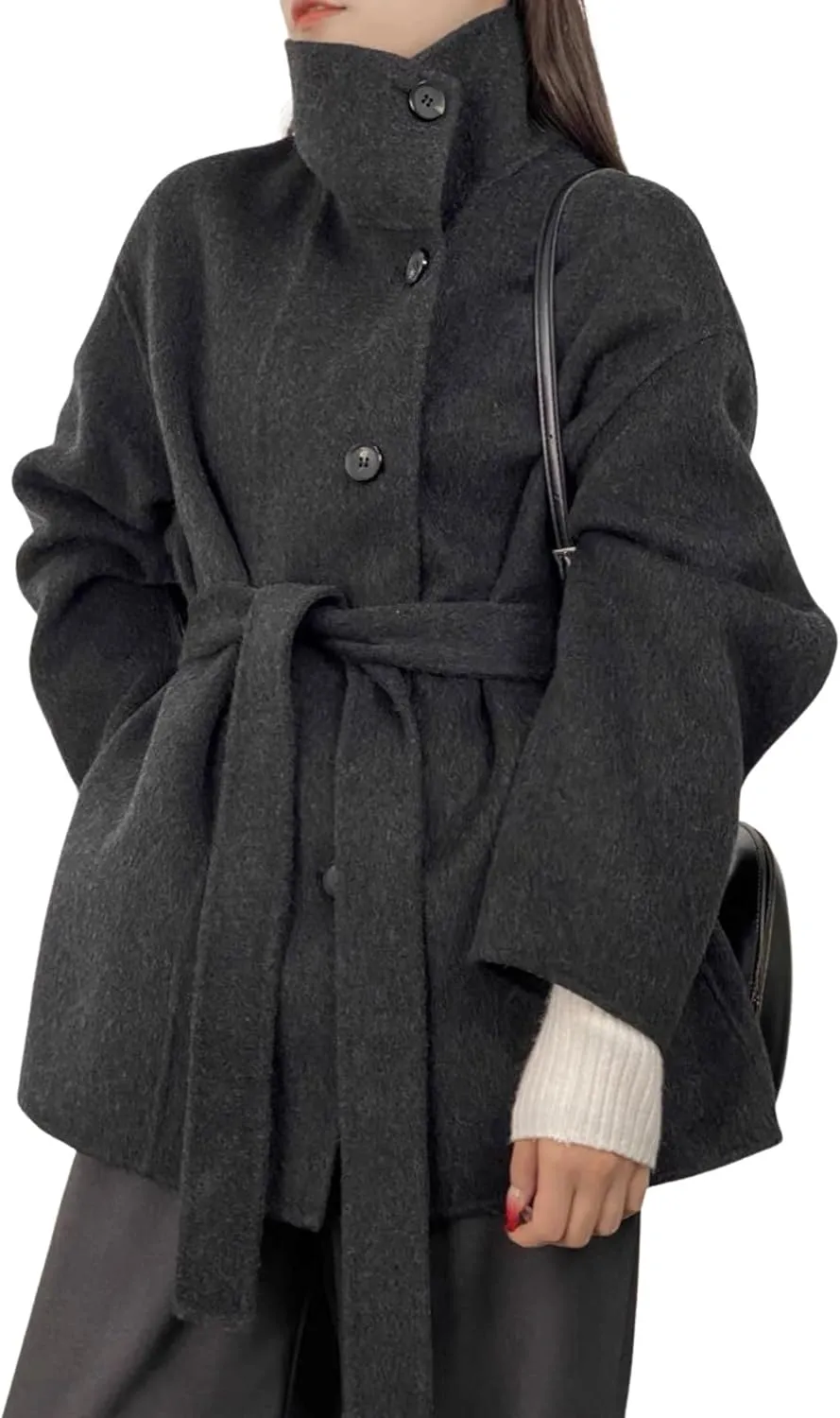 utcoco Women Wool Pea Coat Stand Collar Single Breasted Trench Overcoat Jackets with Belt