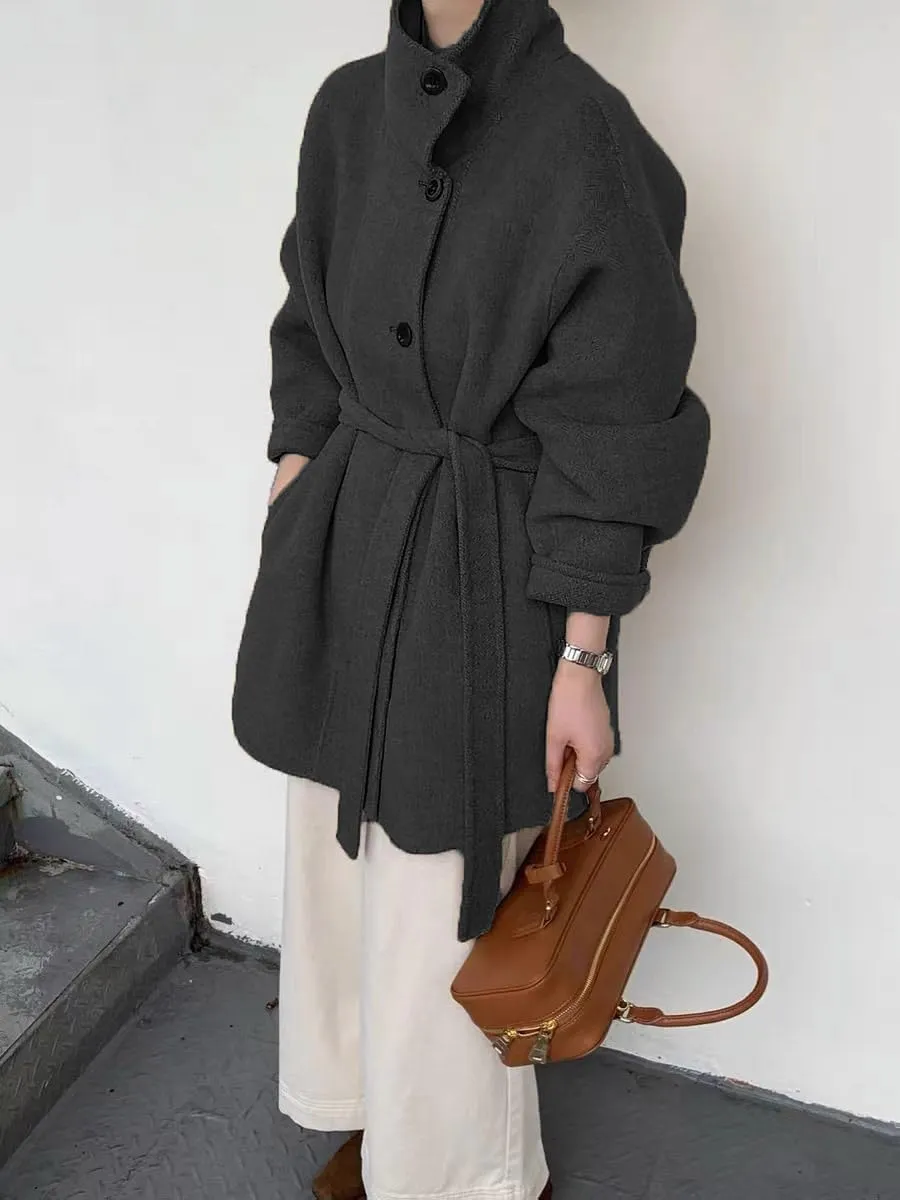 utcoco Women Wool Pea Coat Stand Collar Single Breasted Trench Overcoat Jackets with Belt