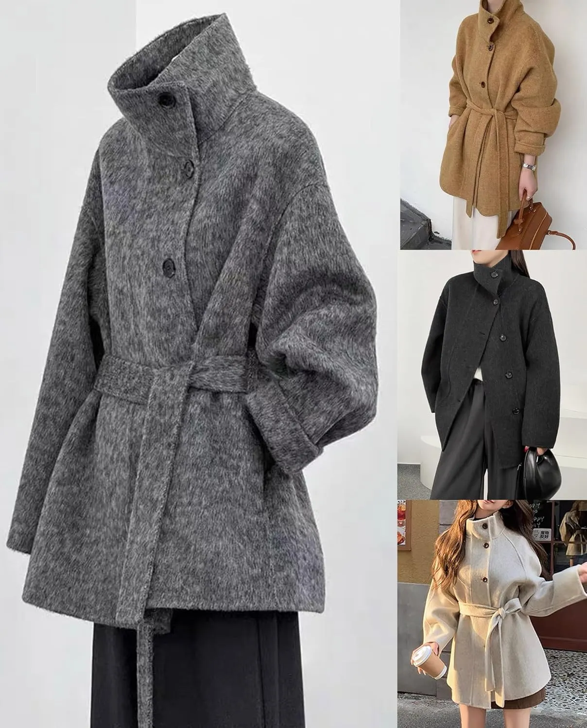 utcoco Women Wool Pea Coat Stand Collar Single Breasted Trench Overcoat Jackets with Belt
