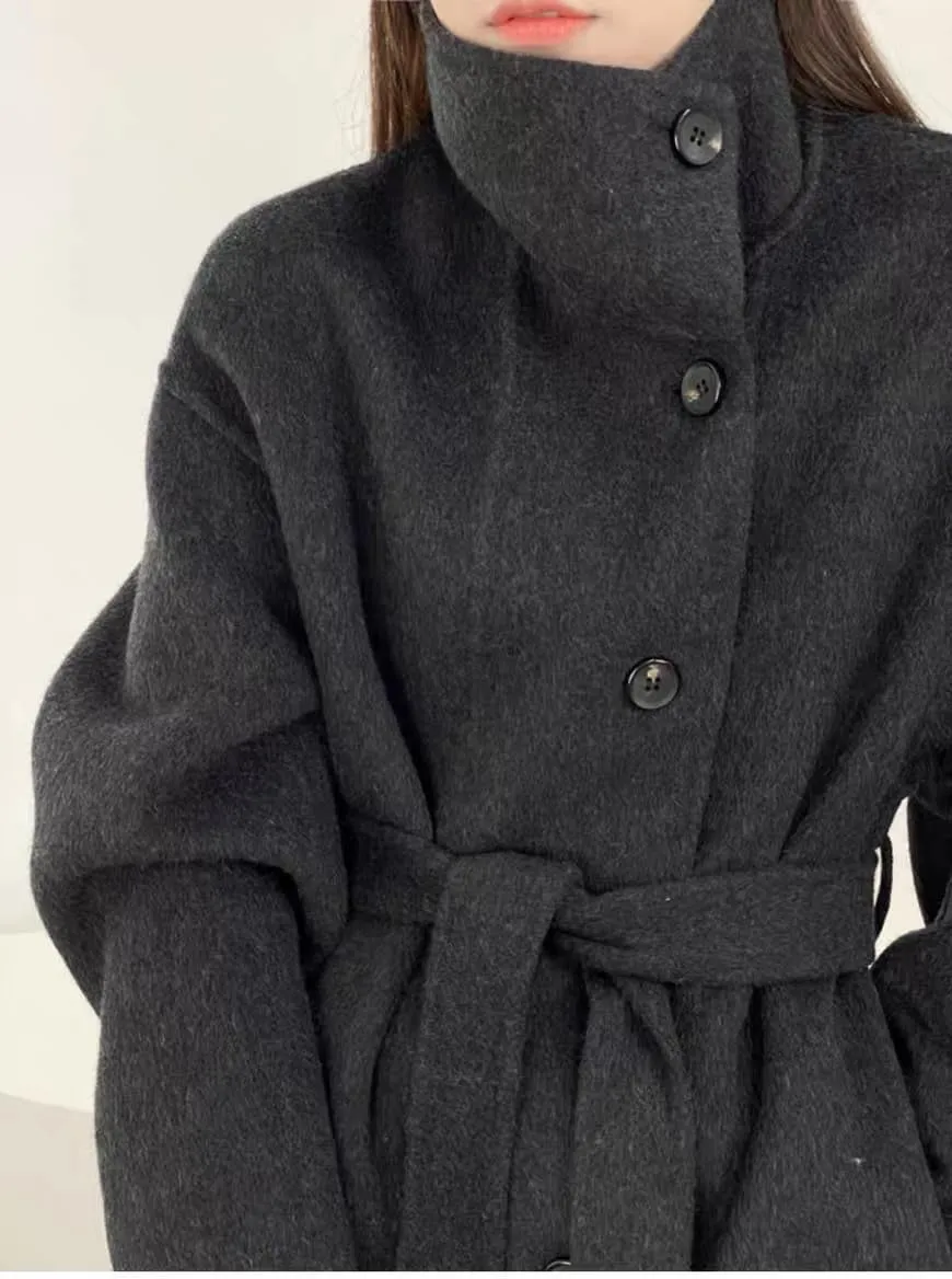 utcoco Women Wool Pea Coat Stand Collar Single Breasted Trench Overcoat Jackets with Belt