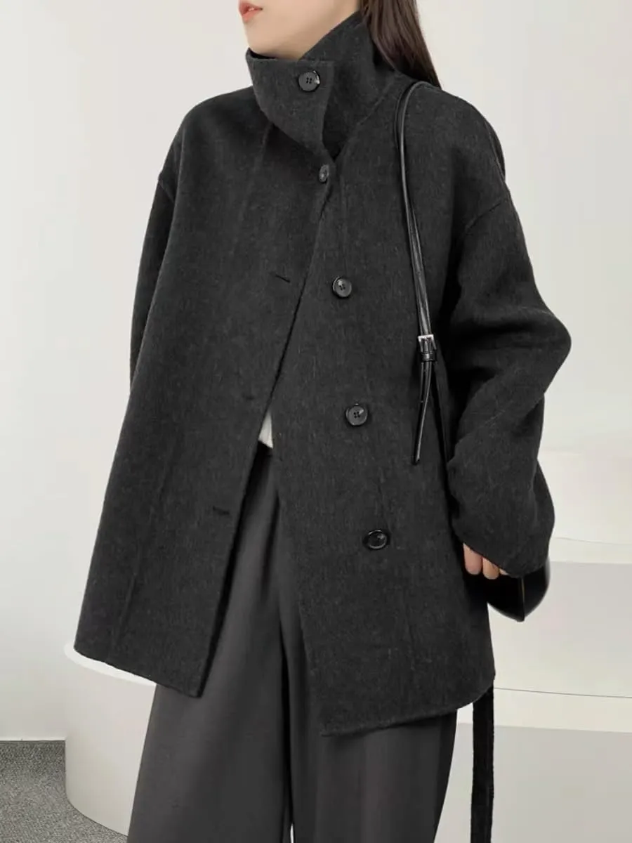 utcoco Women Wool Pea Coat Stand Collar Single Breasted Trench Overcoat Jackets with Belt
