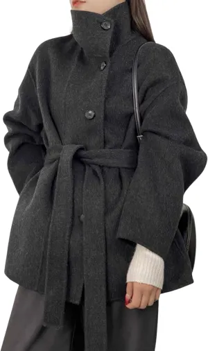 utcoco Women Wool Pea Coat Stand Collar Single Breasted Trench Overcoat Jackets with Belt