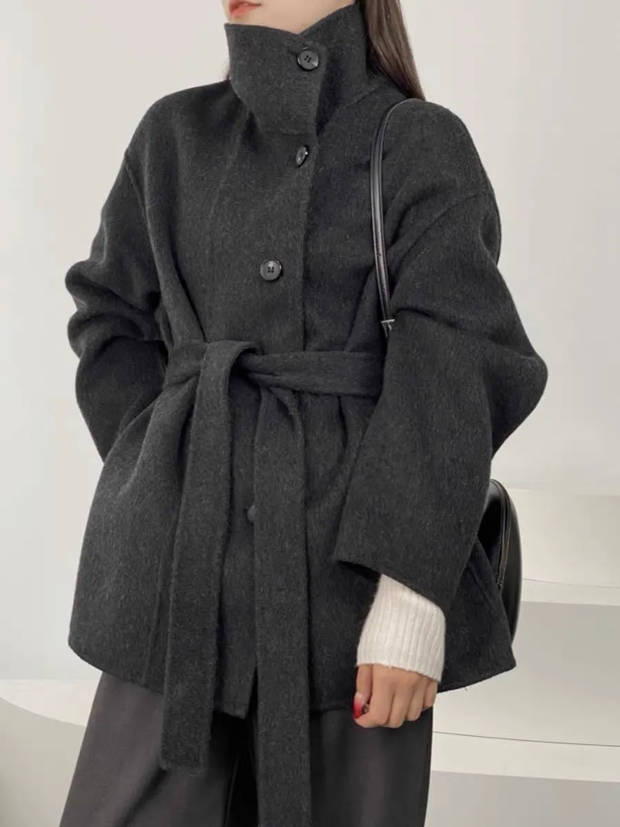 utcoco Women Wool Pea Coat Stand Collar Single Breasted Trench Overcoat Jackets with Belt