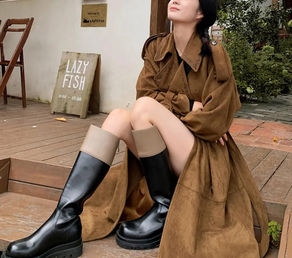 utcoco Womens Faux Suede Long Trench Coat Embroidered Notched Lapel Double Breasted Pea Coat Overcoat with Belt