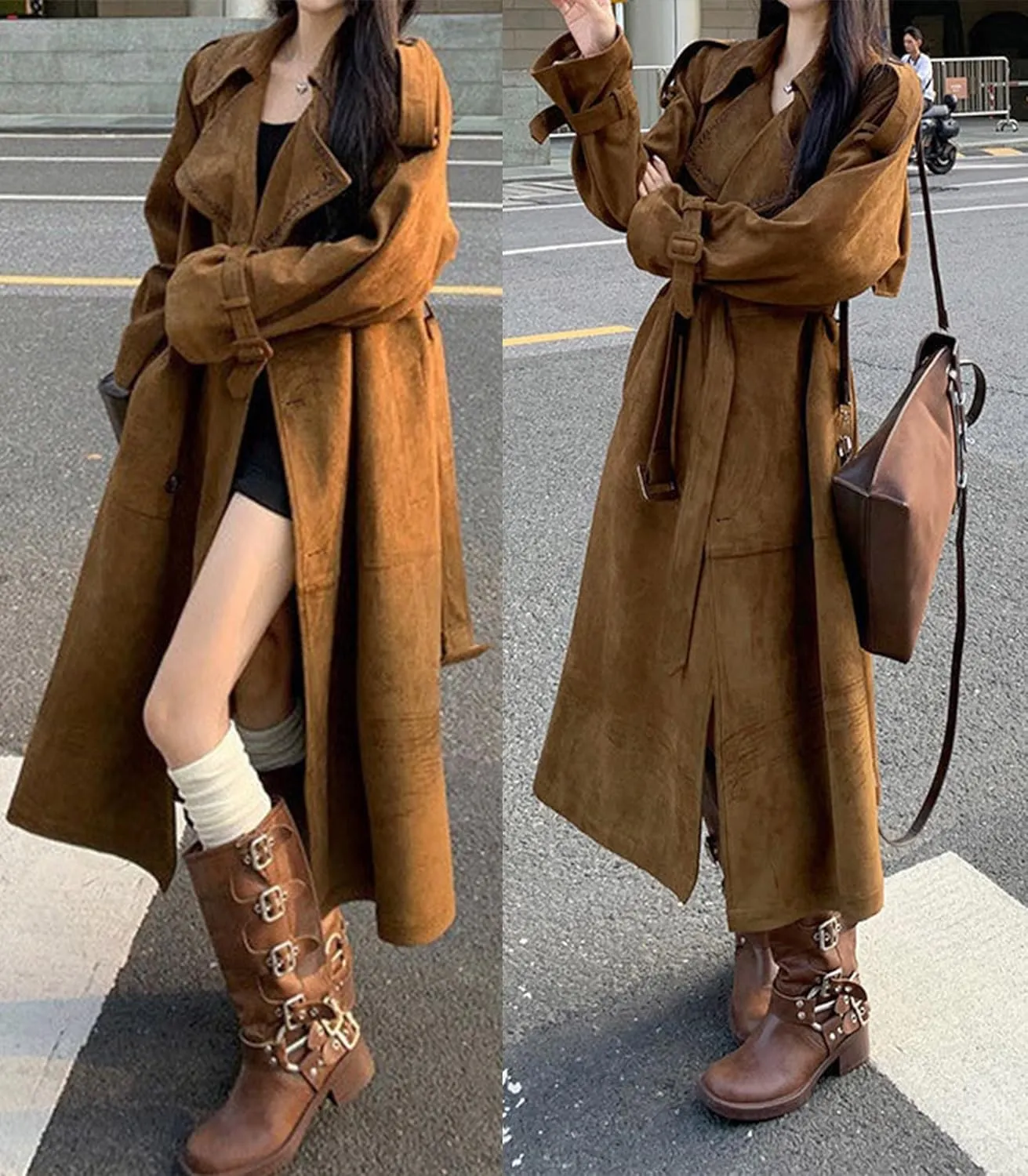 utcoco Womens Faux Suede Long Trench Coat Embroidered Notched Lapel Double Breasted Pea Coat Overcoat with Belt