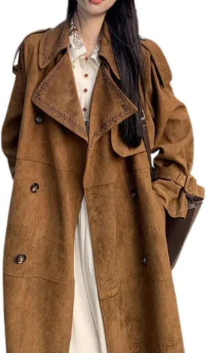 utcoco Womens Faux Suede Long Trench Coat Embroidered Notched Lapel Double Breasted Pea Coat Overcoat with Belt