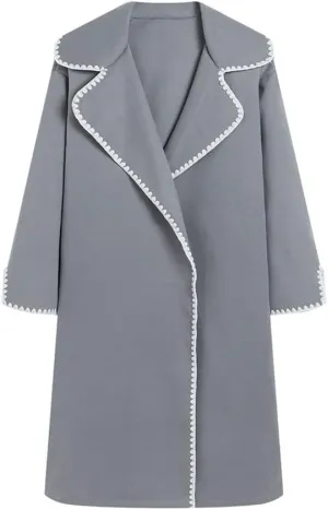 utcoco Womens Long Wool Coats Embroidered Edge Notched Collar Open Front Mid Long Trench Coat