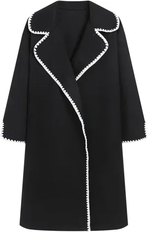 utcoco Womens Long Wool Coats Embroidered Edge Notched Collar Open Front Mid Long Trench Coat