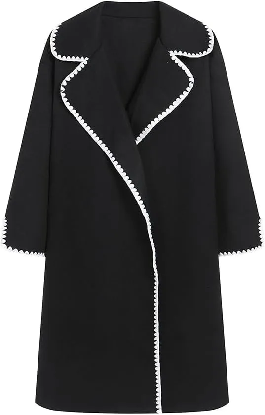 utcoco Womens Long Wool Coats Embroidered Edge Notched Collar Open Front Mid Long Trench Coat