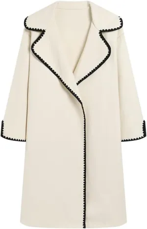 utcoco Womens Long Wool Coats Embroidered Edge Notched Collar Open Front Mid Long Trench Coat