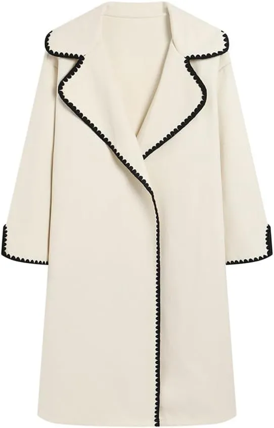 utcoco Womens Long Wool Coats Embroidered Edge Notched Collar Open Front Mid Long Trench Coat