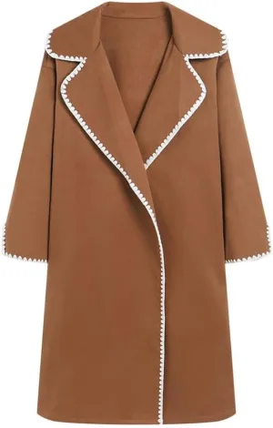 utcoco Womens Long Wool Coats Embroidered Edge Notched Collar Open Front Mid Long Trench Coat